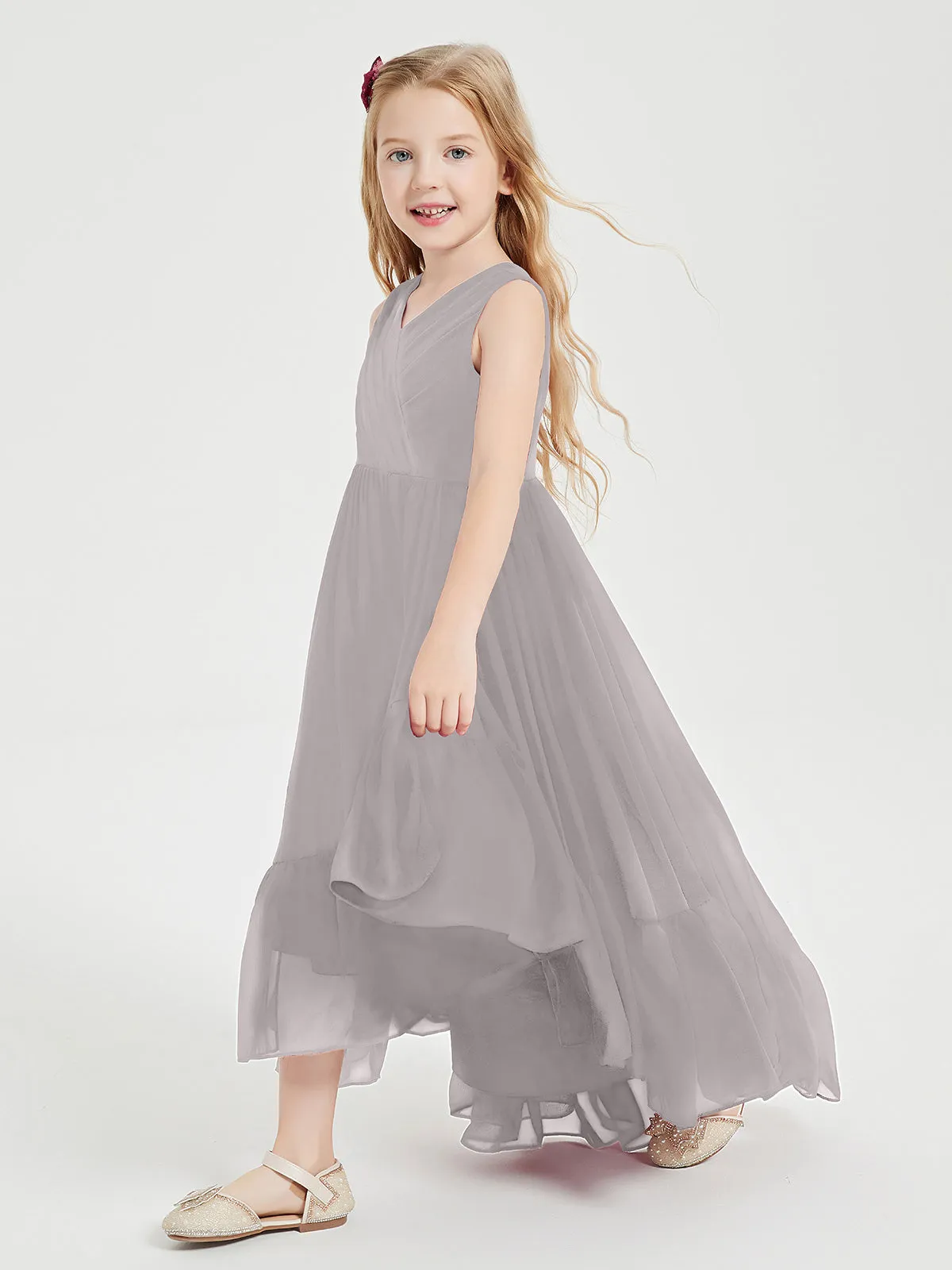 Boho Junior Bridesmaid Dresses Cascading Skirt Silver