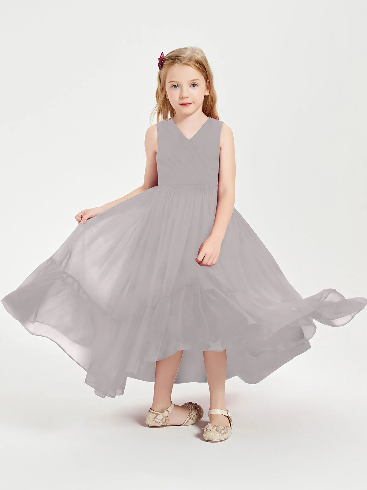 Boho Junior Bridesmaid Dresses Cascading Skirt Silver