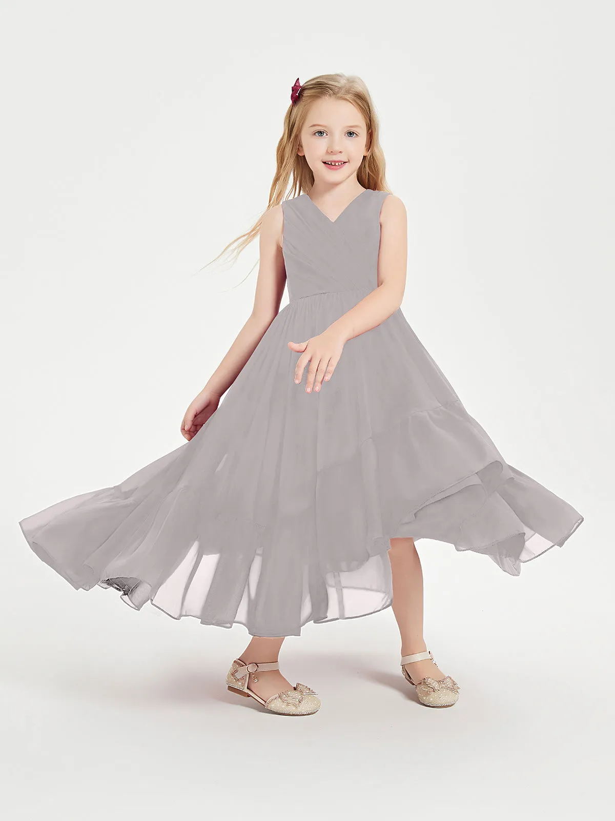 Boho Junior Bridesmaid Dresses Cascading Skirt Silver