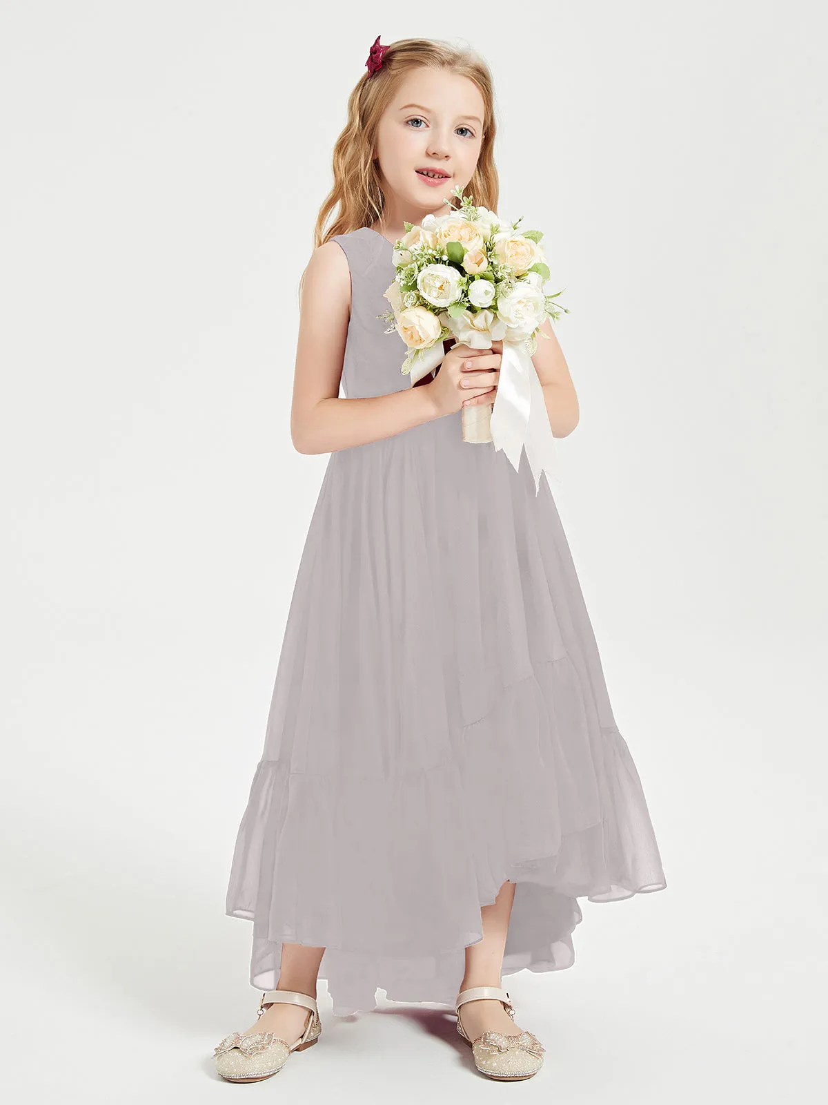 Boho Junior Bridesmaid Dresses Cascading Skirt Silver