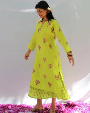 Bud Green Block Printed Cotton Kurta & Skirt  Set - Fos