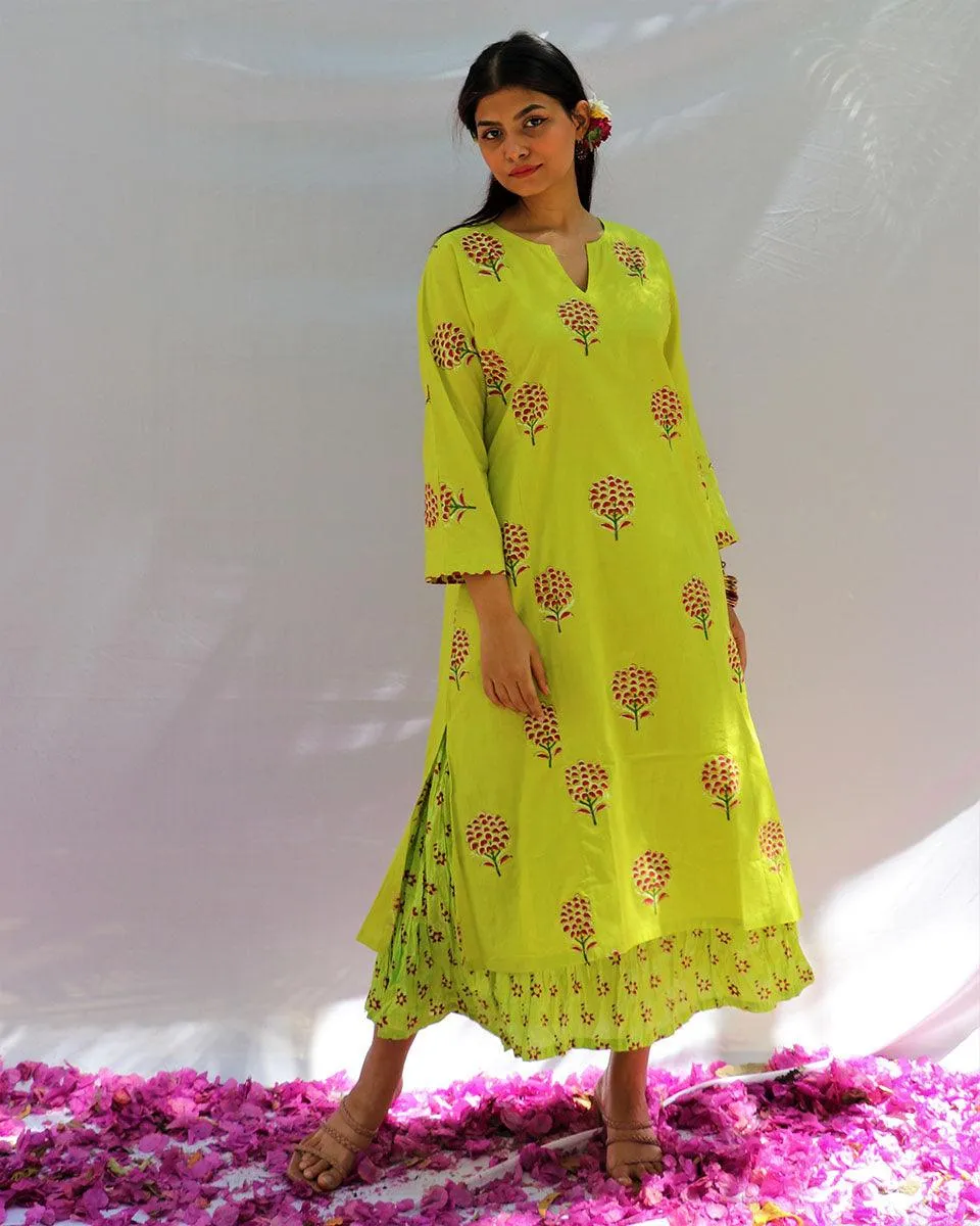 Bud Green Block Printed Cotton Kurta & Skirt  Set - Fos