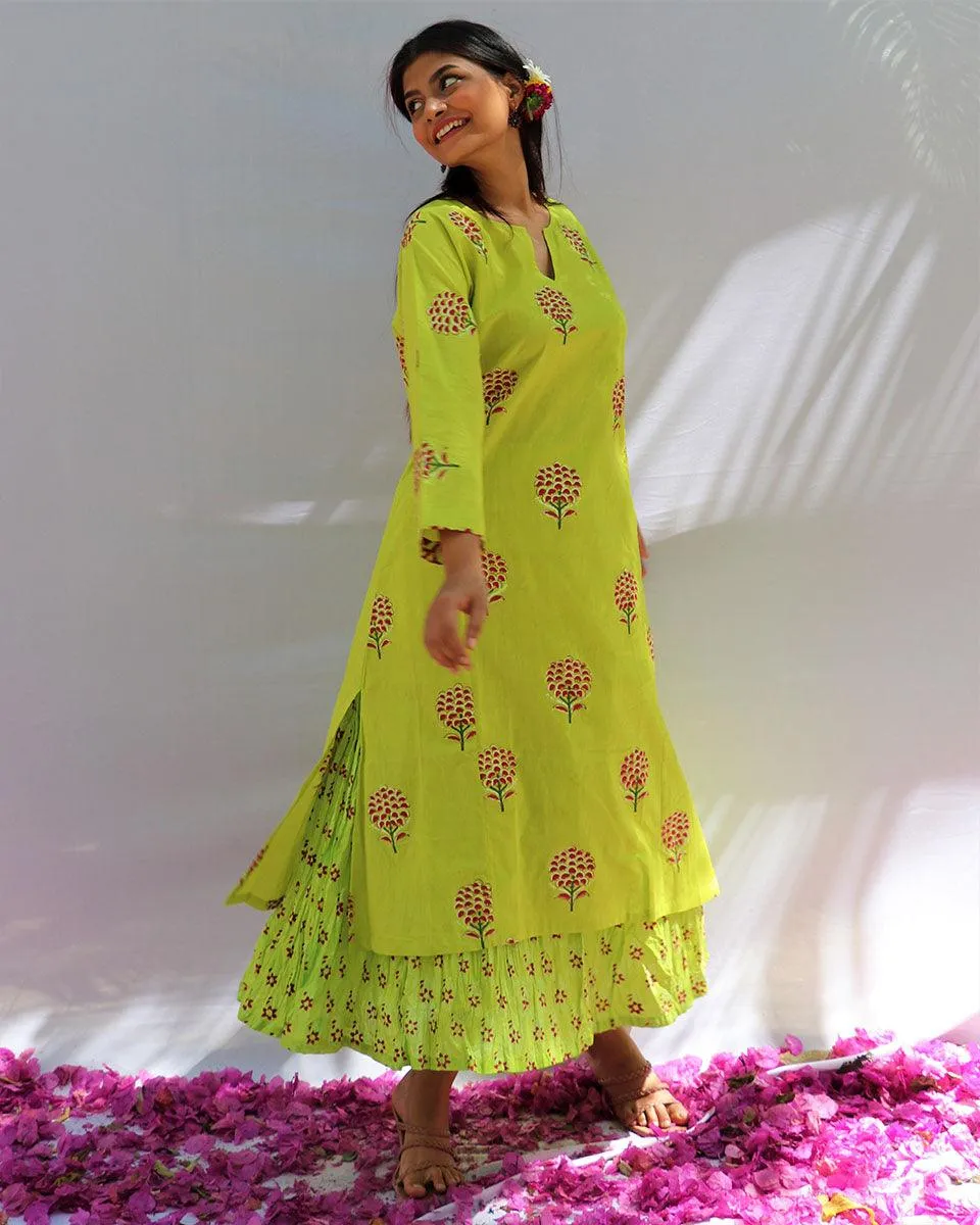 Bud Green Block Printed Cotton Kurta & Skirt  Set - Fos