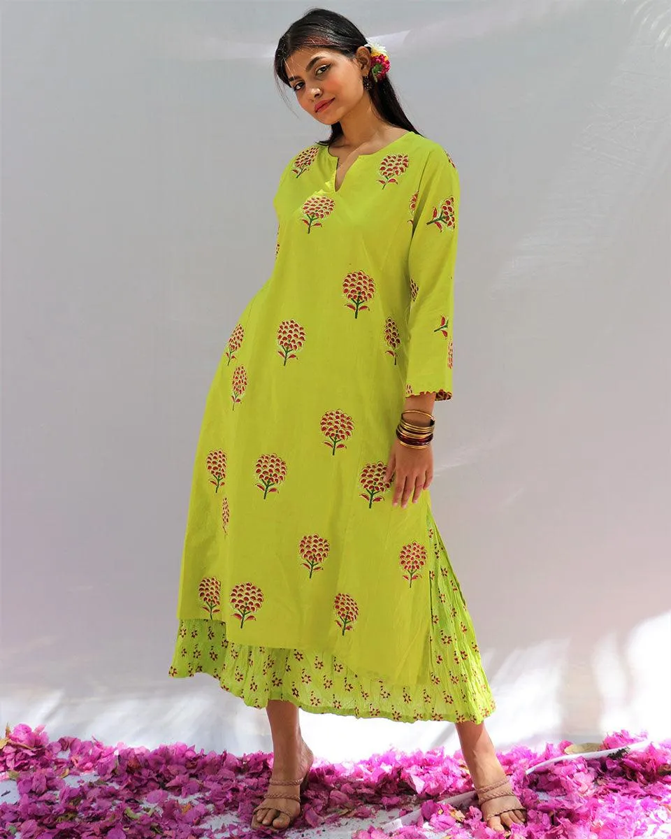 Bud Green Block Printed Cotton Kurta & Skirt  Set - Fos