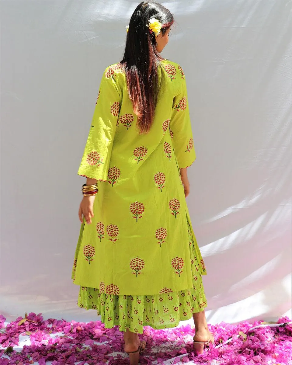 Bud Green Block Printed Cotton Kurta & Skirt  Set - Fos