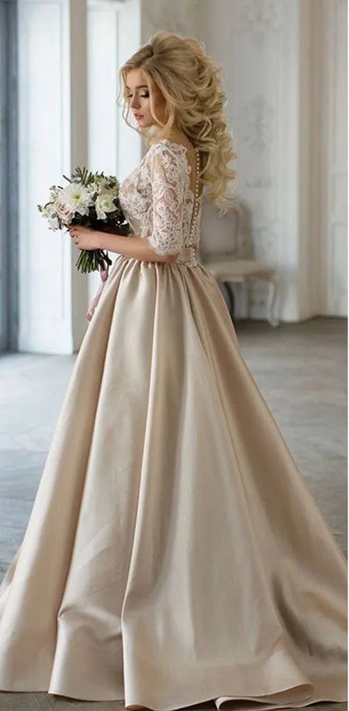 Charming Half Sleeve Champagne Wedding Dress with White Lace Top