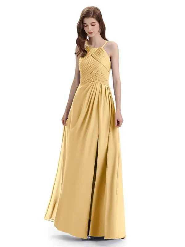 Charming Halter Side Slit Floor Lenght Bridesmaid Dresses