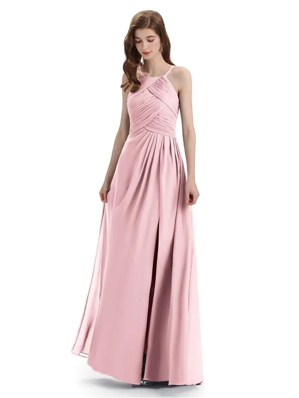 Charming Halter Side Slit Floor Lenght Bridesmaid Dresses