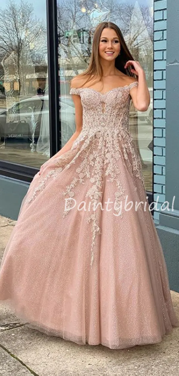 Charming Off-shoulder A-line Tulle lace Long Prom Dresses Evening Dresses.DB10606