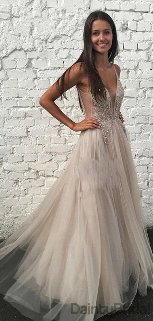 Charming V-Neck Tulle A-line Floor Length Prom Dresses.DB10088