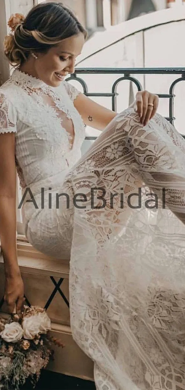 Charming Vintage Lace High Neck See Through Sheath Wedding Dresses, AB1541