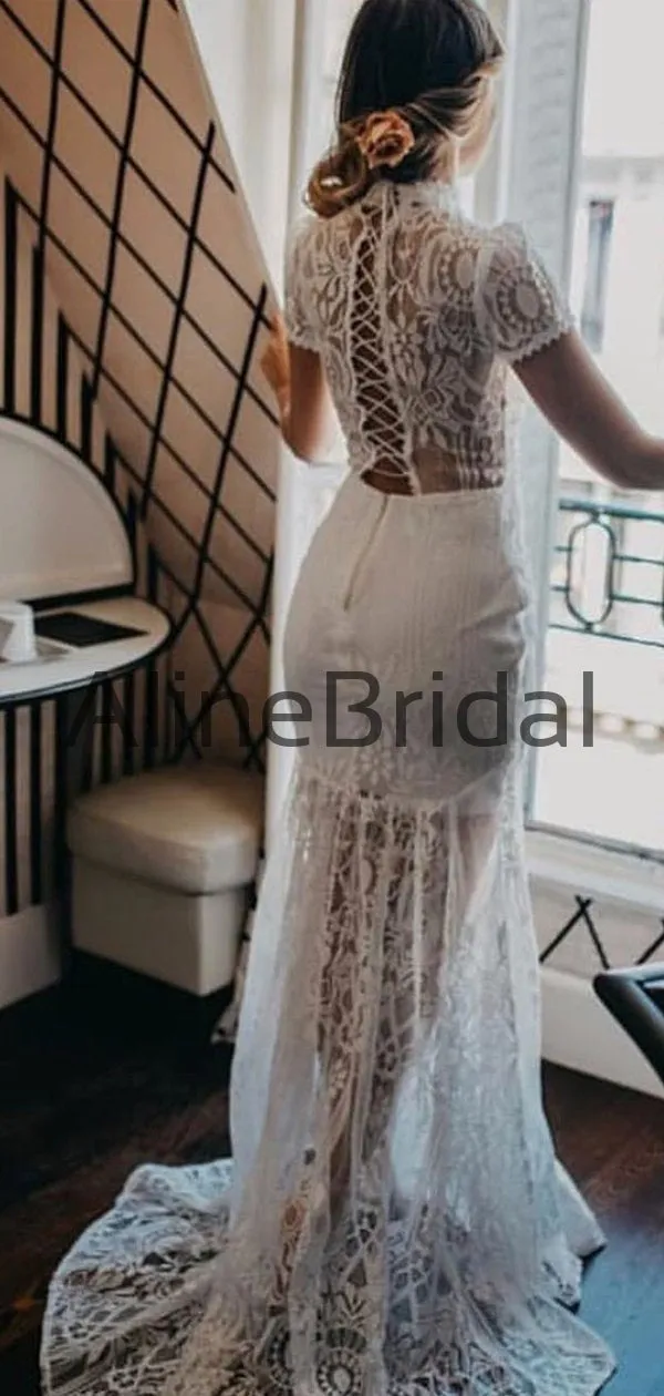 Charming Vintage Lace High Neck See Through Sheath Wedding Dresses, AB1541