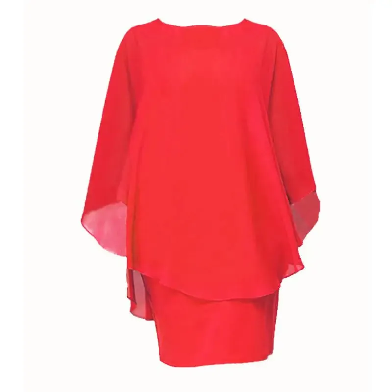 Chiffon Dress: Casual, elegant O-neck cape design with batwing sleeves. Stylish!