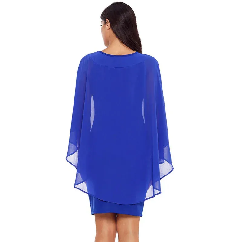 Chiffon Dress: Casual, elegant O-neck cape design with batwing sleeves. Stylish!