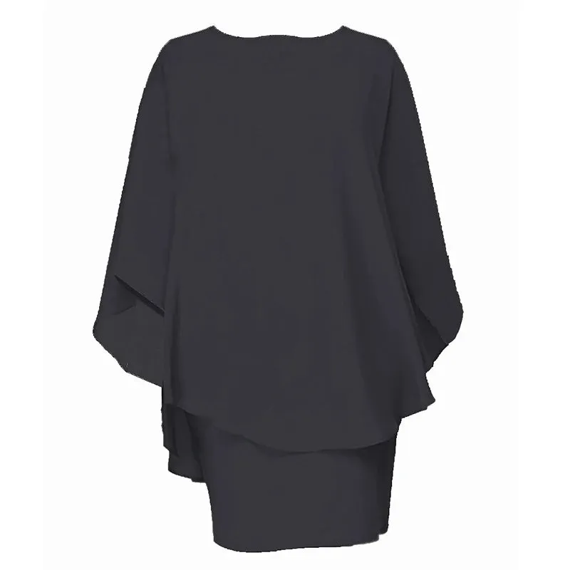 Chiffon Dress: Casual, elegant O-neck cape design with batwing sleeves. Stylish!