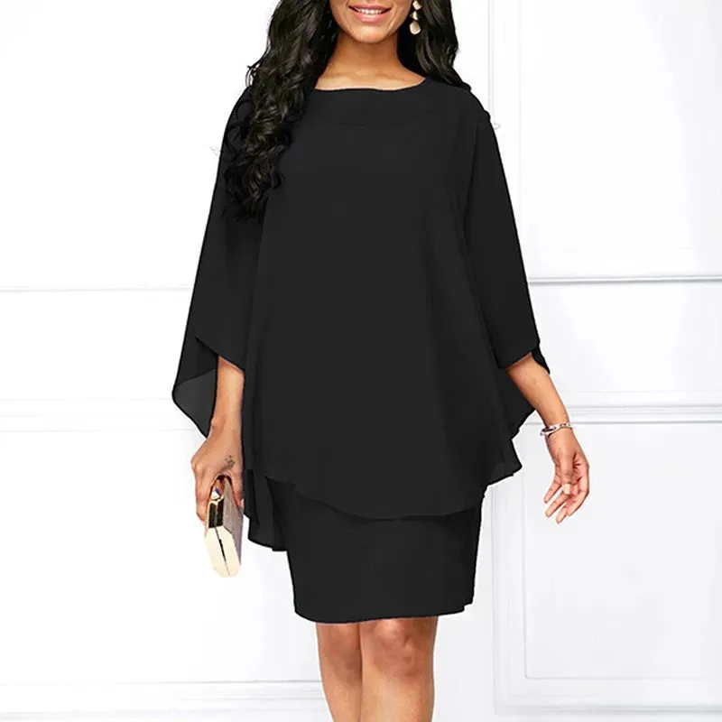 Chiffon Dress: Casual, elegant O-neck cape design with batwing sleeves. Stylish!