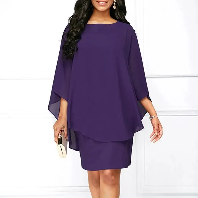 Chiffon Dress: Casual, elegant O-neck cape design with batwing sleeves. Stylish!