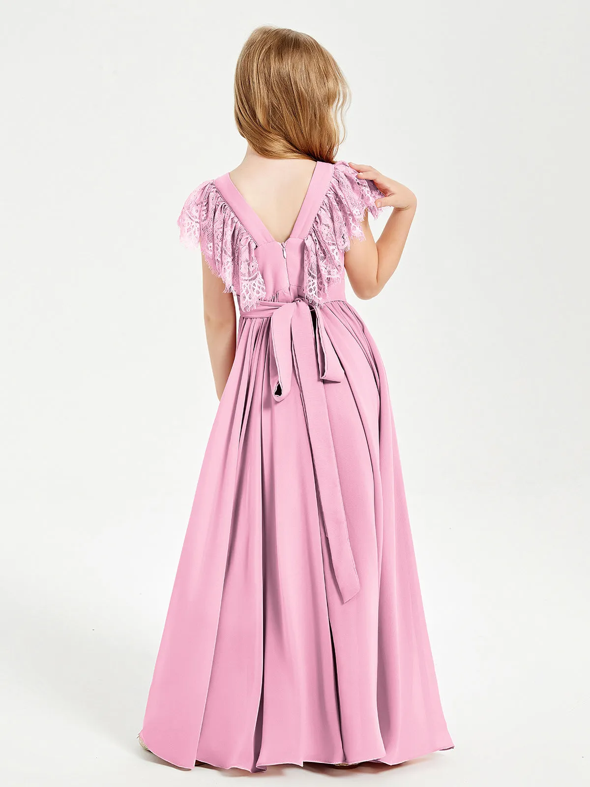 Chiffon Junior Bridesmaid Dresses Lace Flutter Sleeves Scoop Neck Candy Pink