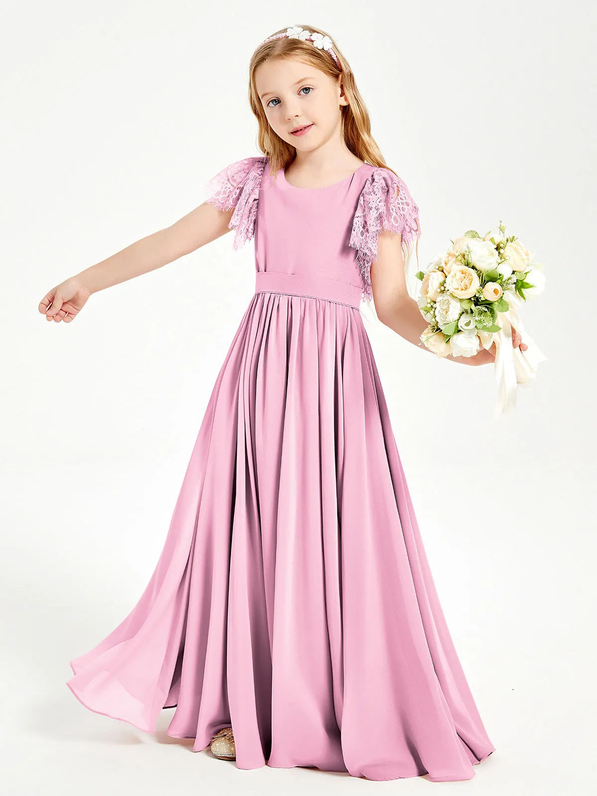 Chiffon Junior Bridesmaid Dresses Lace Flutter Sleeves Scoop Neck Candy Pink