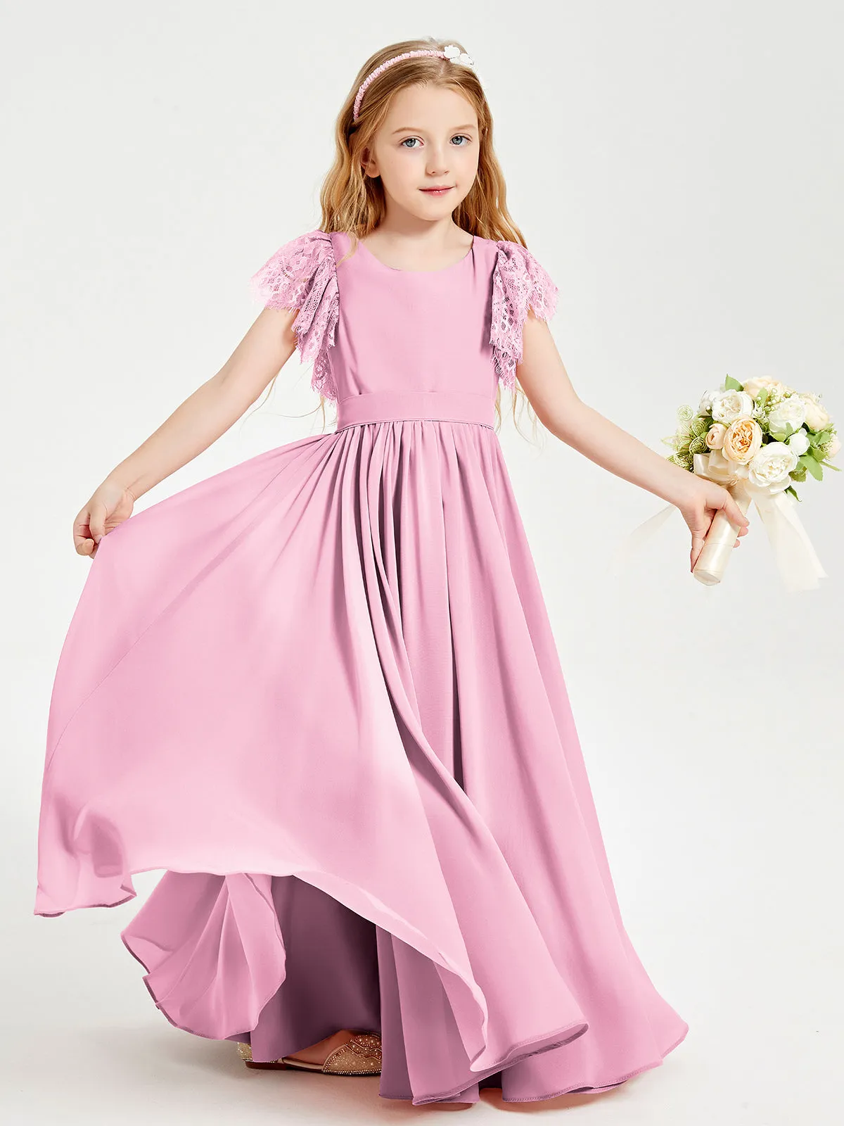 Chiffon Junior Bridesmaid Dresses Lace Flutter Sleeves Scoop Neck Candy Pink