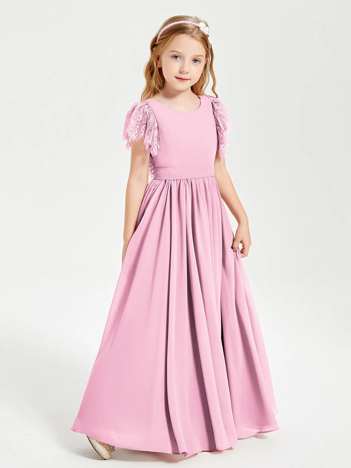 Chiffon Junior Bridesmaid Dresses Lace Flutter Sleeves Scoop Neck Candy Pink