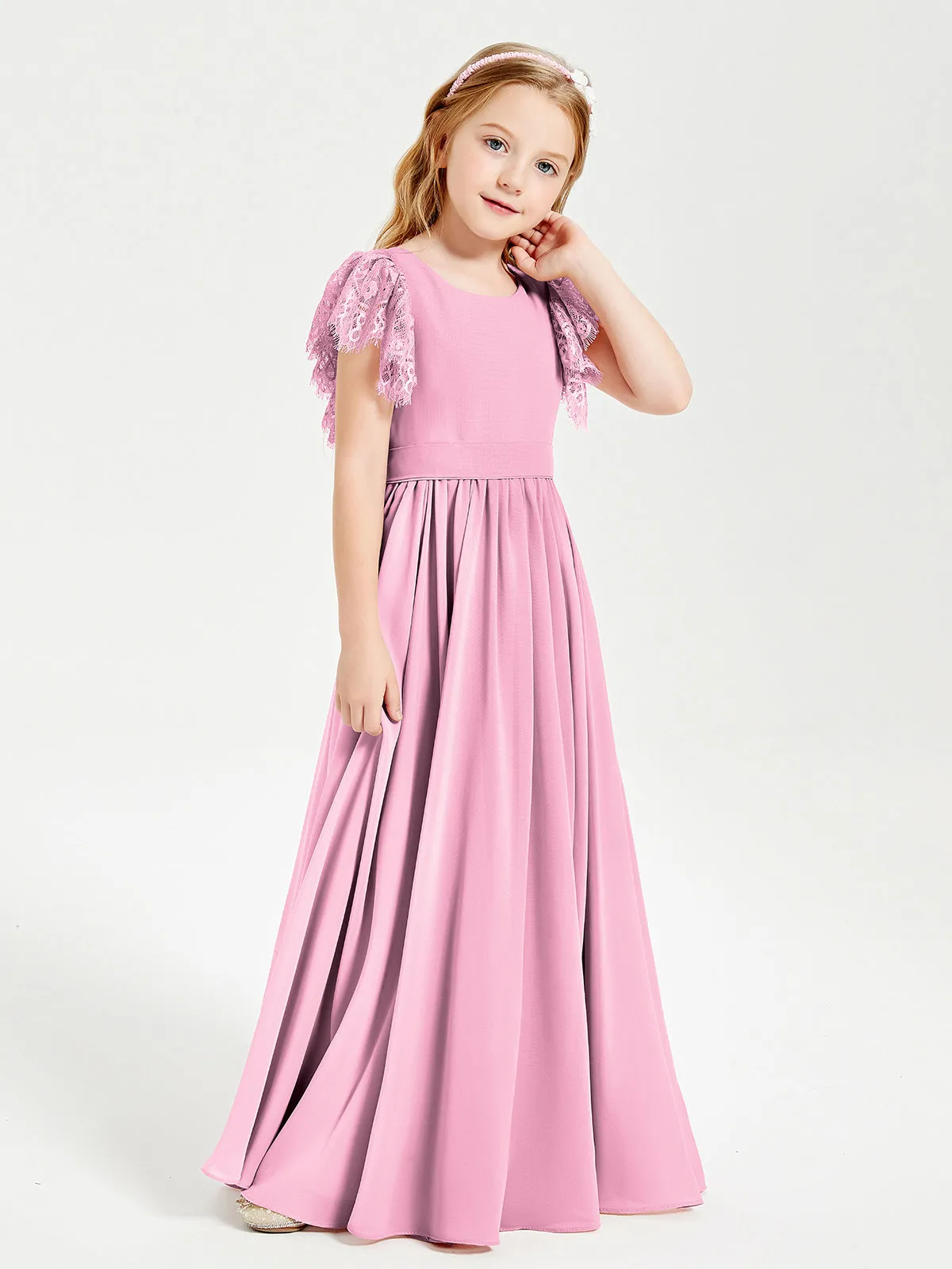 Chiffon Junior Bridesmaid Dresses Lace Flutter Sleeves Scoop Neck Candy Pink