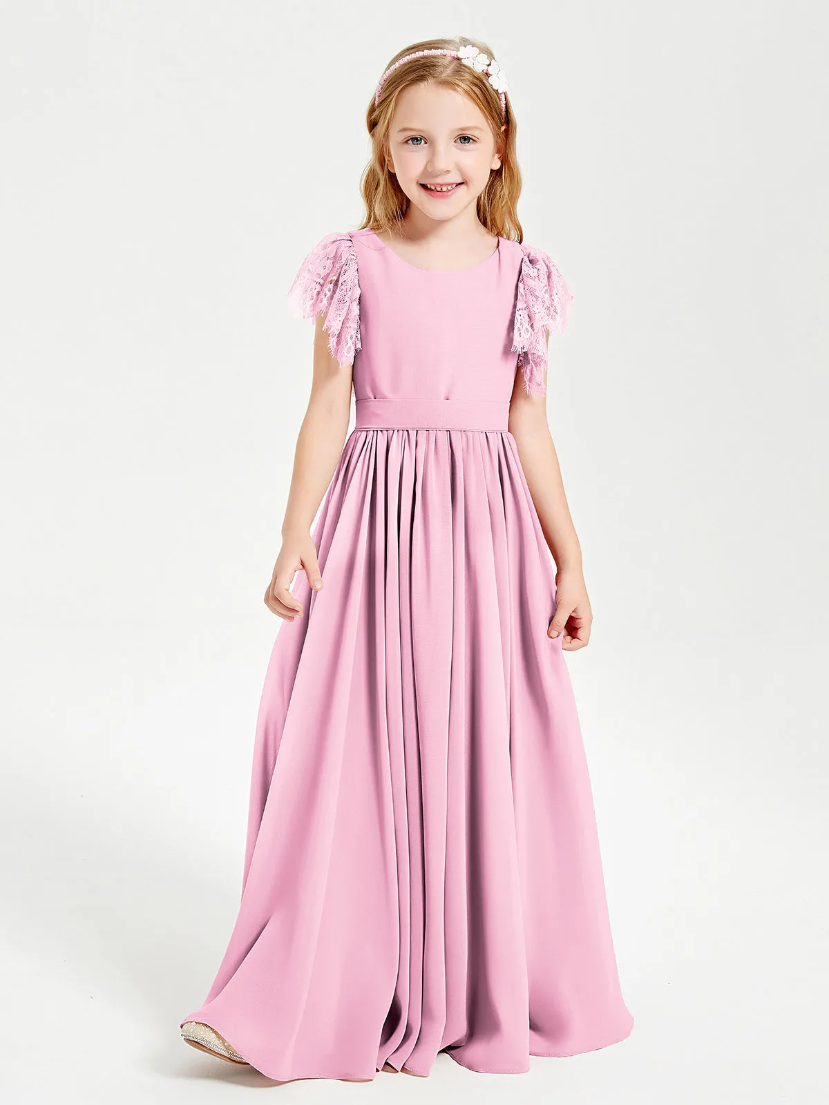 Chiffon Junior Bridesmaid Dresses Lace Flutter Sleeves Scoop Neck Candy Pink