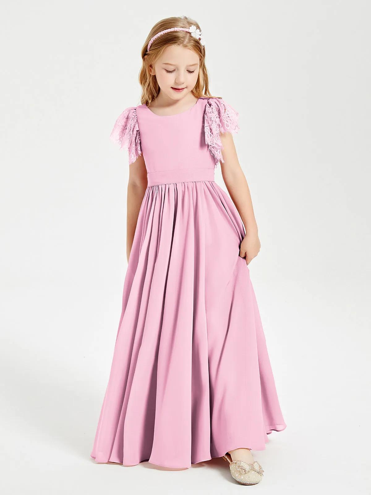 Chiffon Junior Bridesmaid Dresses Lace Flutter Sleeves Scoop Neck Candy Pink