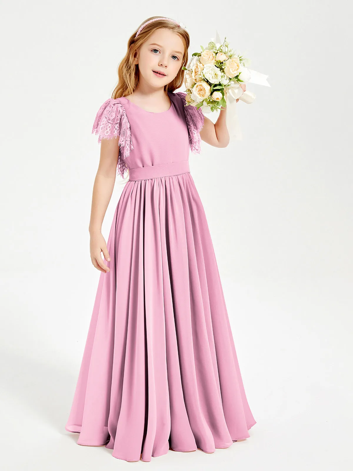 Chiffon Junior Bridesmaid Dresses Lace Flutter Sleeves Scoop Neck Candy Pink