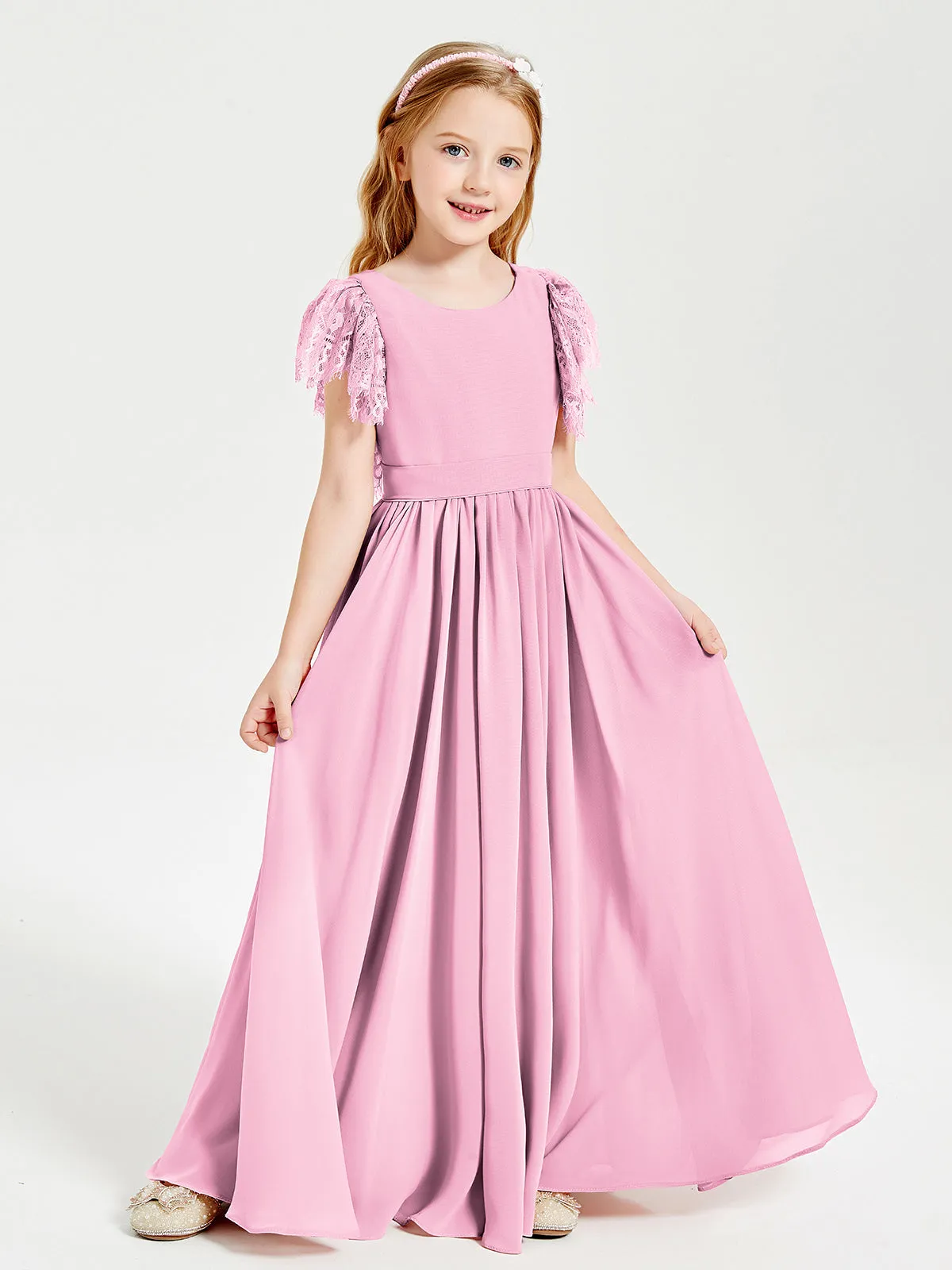 Chiffon Junior Bridesmaid Dresses Lace Flutter Sleeves Scoop Neck Candy Pink