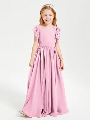 Chiffon Junior Bridesmaid Dresses Lace Flutter Sleeves Scoop Neck Candy Pink