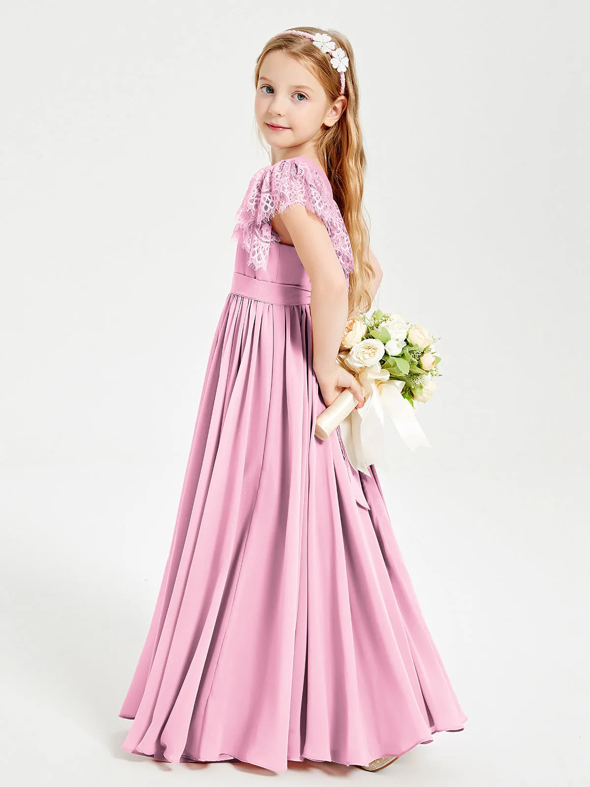 Chiffon Junior Bridesmaid Dresses Lace Flutter Sleeves Scoop Neck Candy Pink