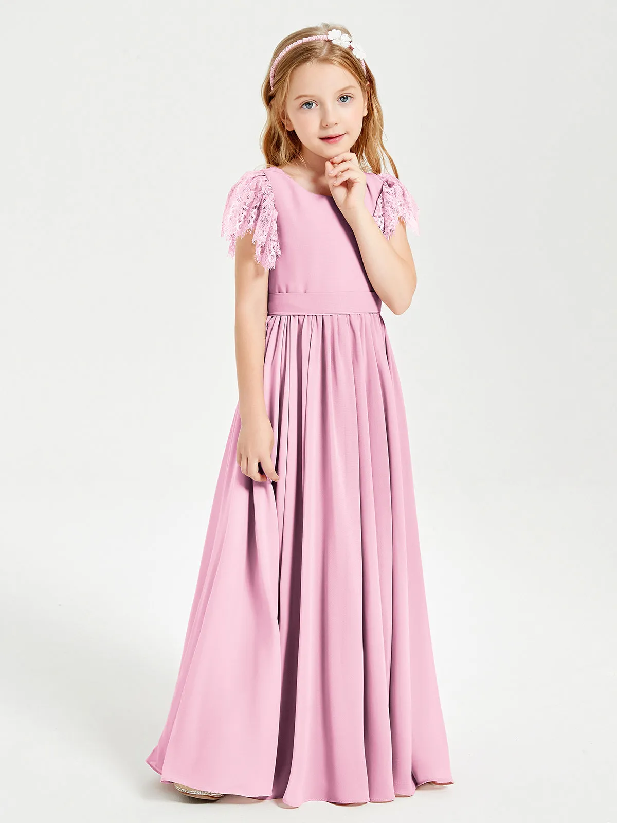 Chiffon Junior Bridesmaid Dresses Lace Flutter Sleeves Scoop Neck Candy Pink