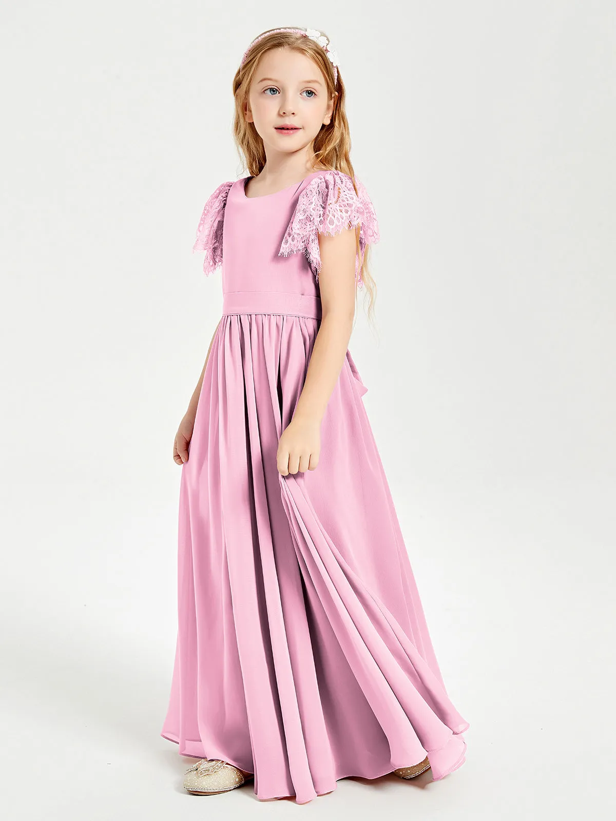 Chiffon Junior Bridesmaid Dresses Lace Flutter Sleeves Scoop Neck Candy Pink