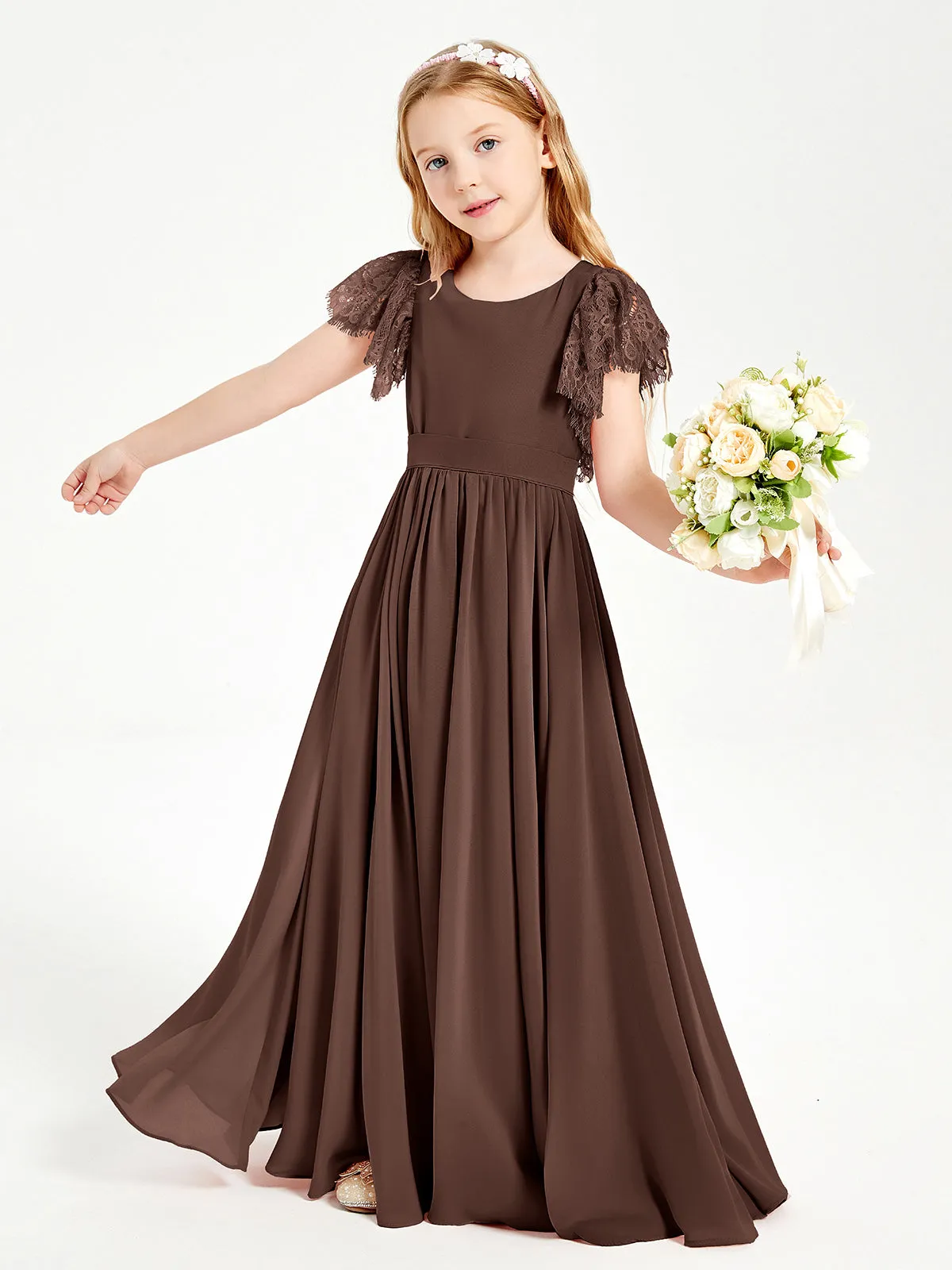 Chiffon Junior Bridesmaid Dresses Lace Flutter Sleeves Scoop Neck Chocolate