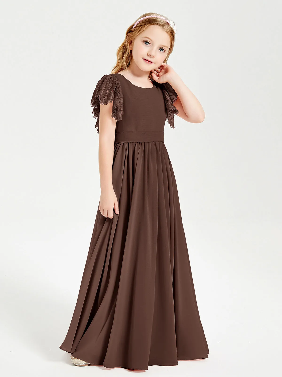 Chiffon Junior Bridesmaid Dresses Lace Flutter Sleeves Scoop Neck Chocolate