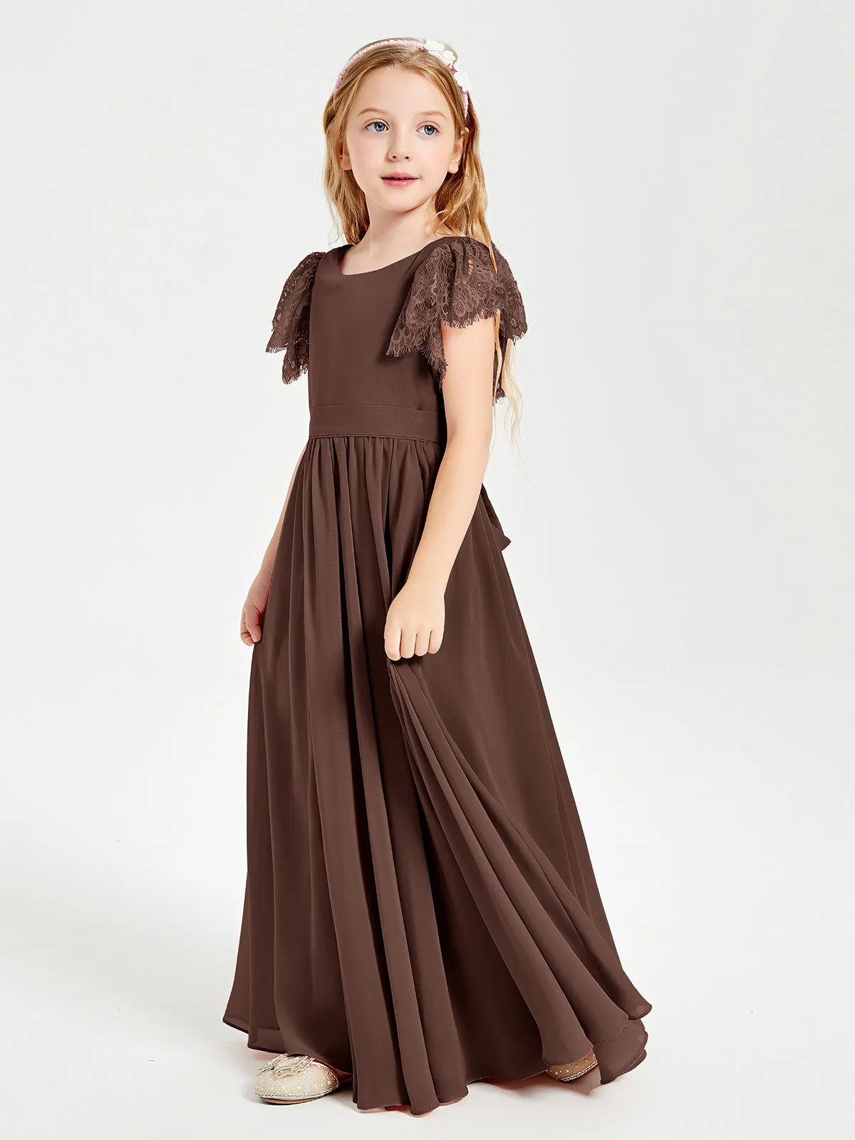 Chiffon Junior Bridesmaid Dresses Lace Flutter Sleeves Scoop Neck Chocolate