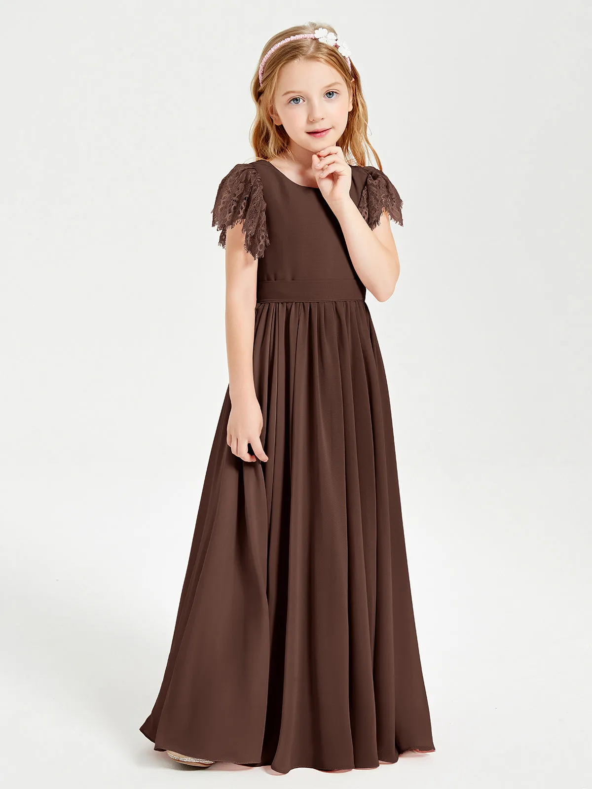 Chiffon Junior Bridesmaid Dresses Lace Flutter Sleeves Scoop Neck Chocolate