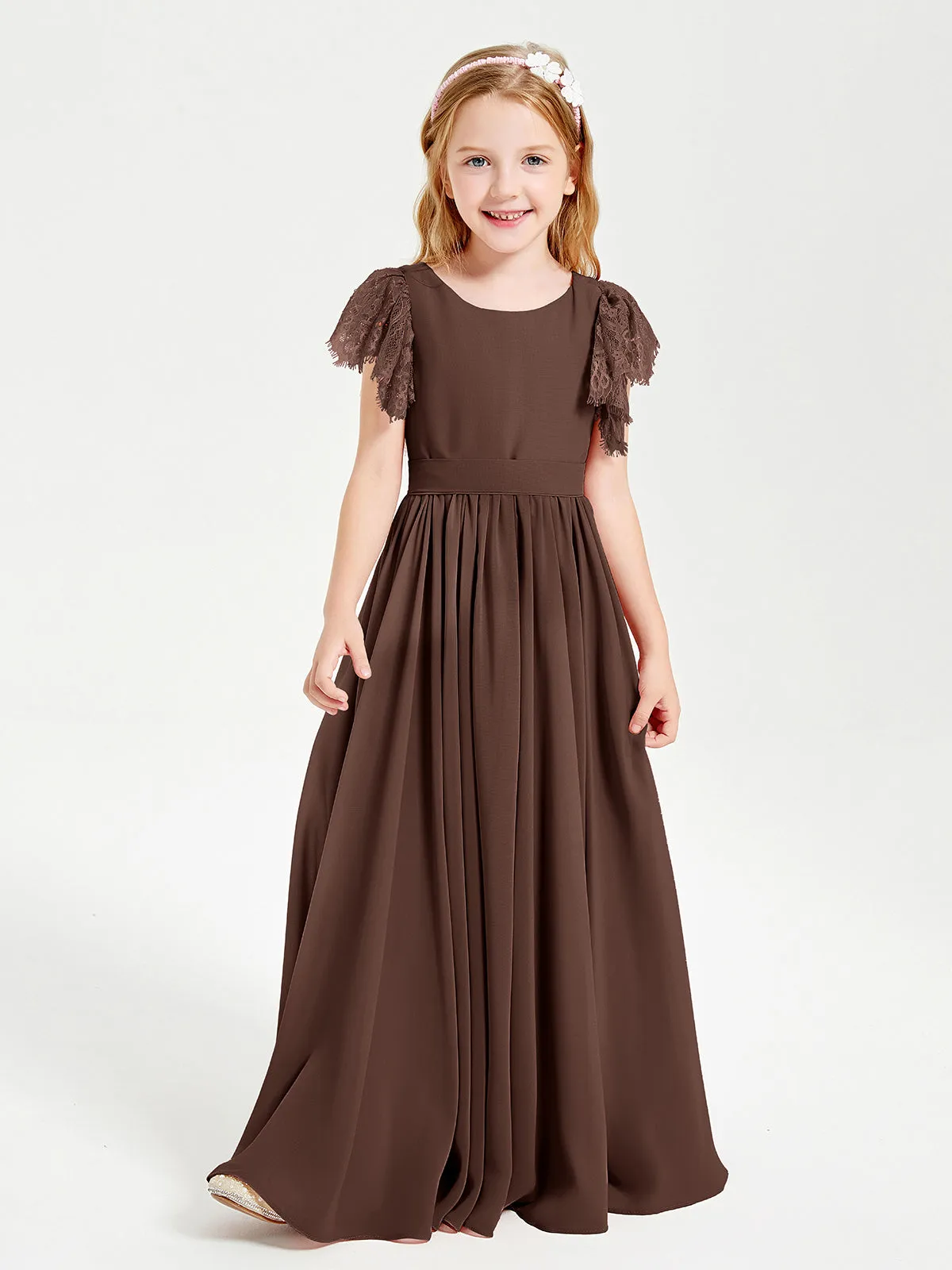 Chiffon Junior Bridesmaid Dresses Lace Flutter Sleeves Scoop Neck Chocolate