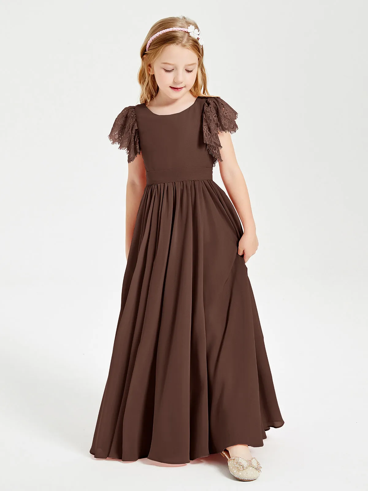 Chiffon Junior Bridesmaid Dresses Lace Flutter Sleeves Scoop Neck Chocolate