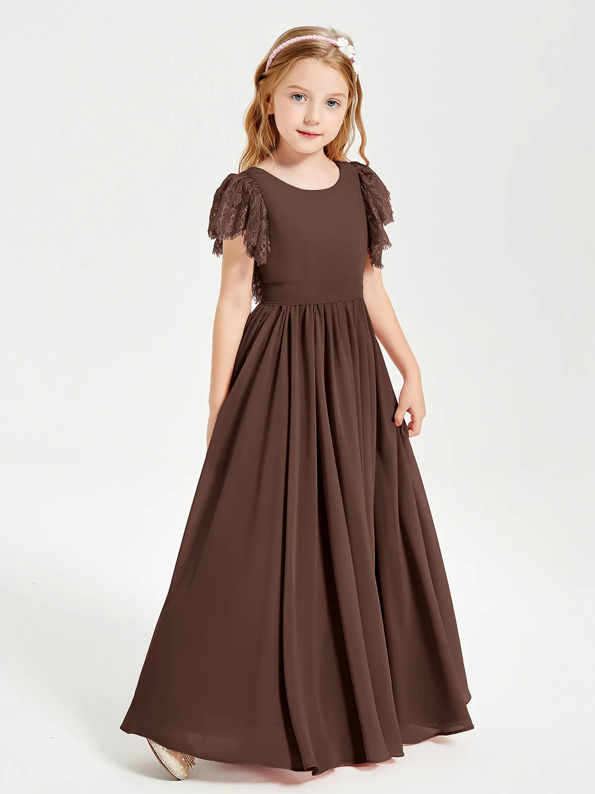 Chiffon Junior Bridesmaid Dresses Lace Flutter Sleeves Scoop Neck Chocolate