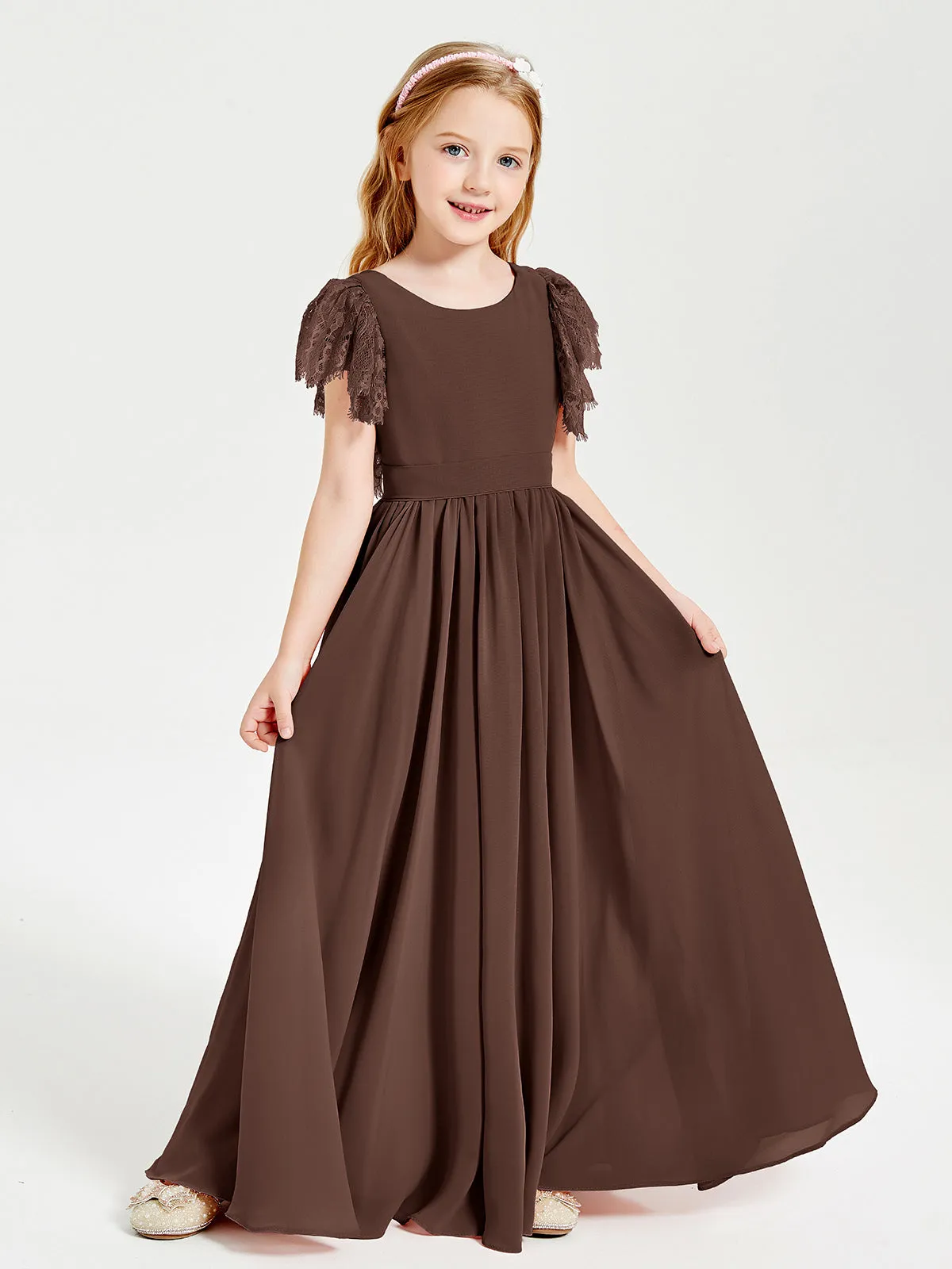 Chiffon Junior Bridesmaid Dresses Lace Flutter Sleeves Scoop Neck Chocolate