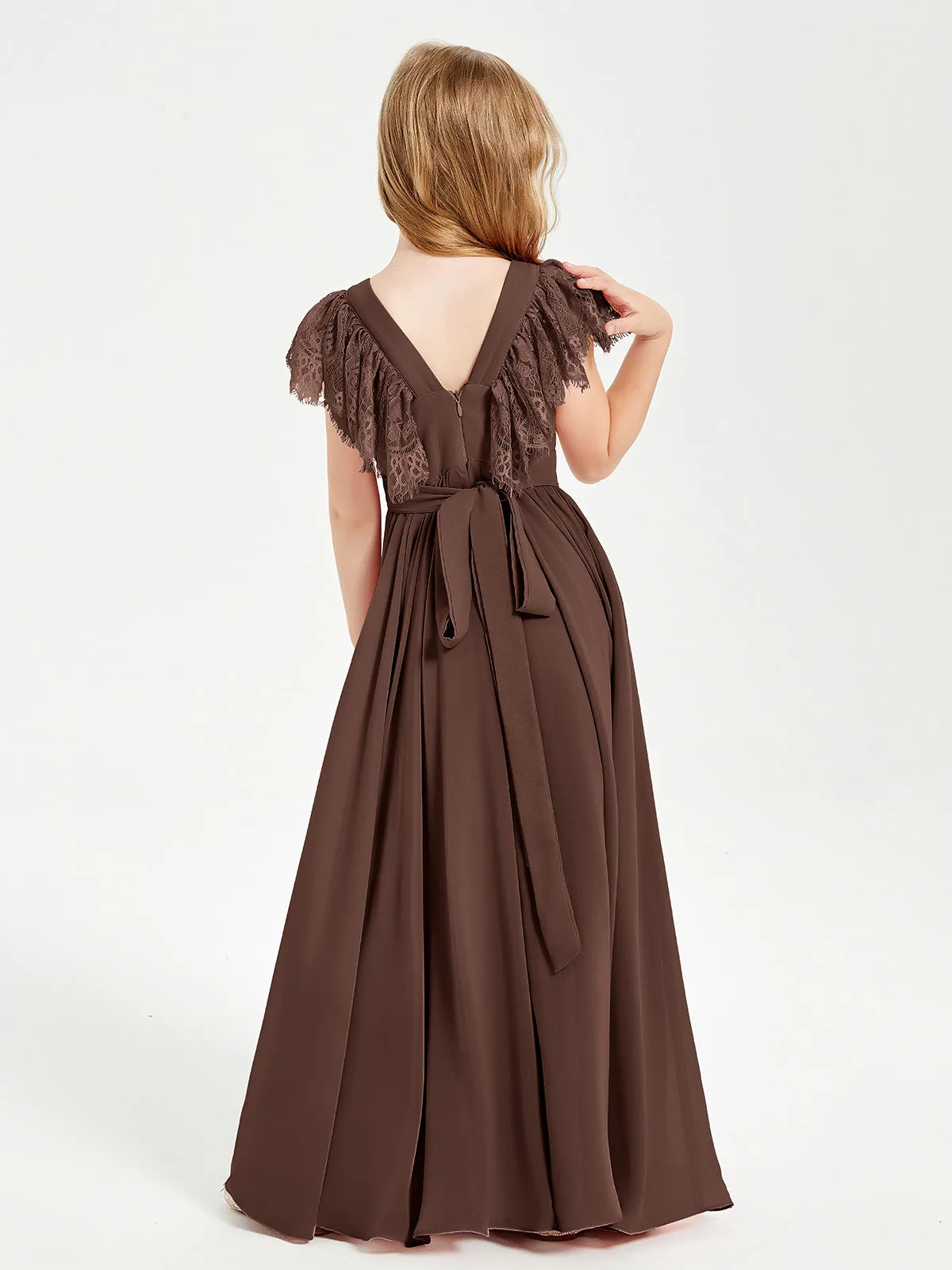 Chiffon Junior Bridesmaid Dresses Lace Flutter Sleeves Scoop Neck Chocolate