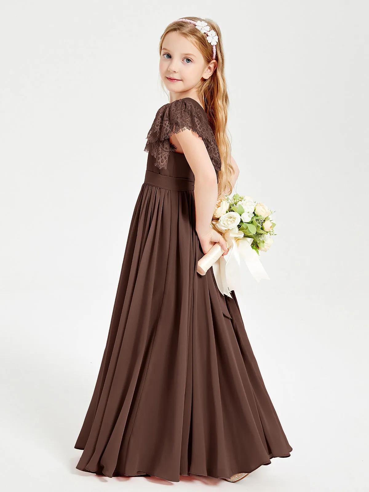 Chiffon Junior Bridesmaid Dresses Lace Flutter Sleeves Scoop Neck Chocolate