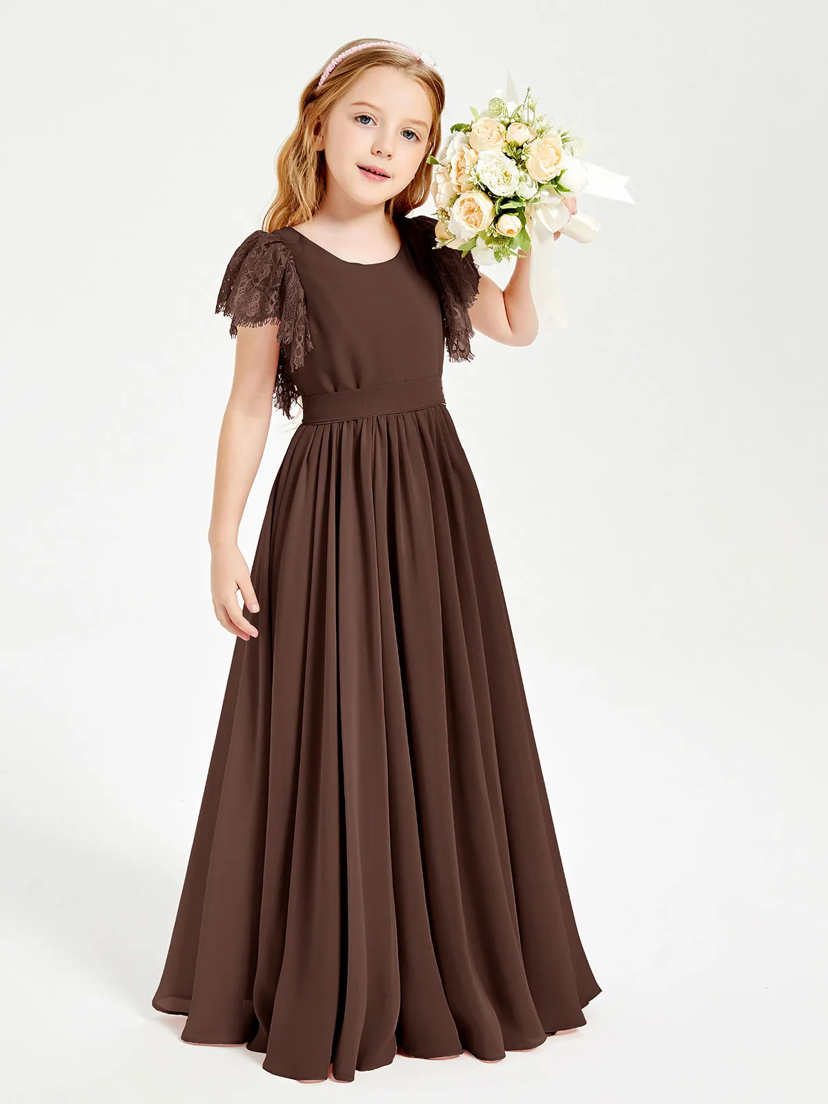 Chiffon Junior Bridesmaid Dresses Lace Flutter Sleeves Scoop Neck Chocolate