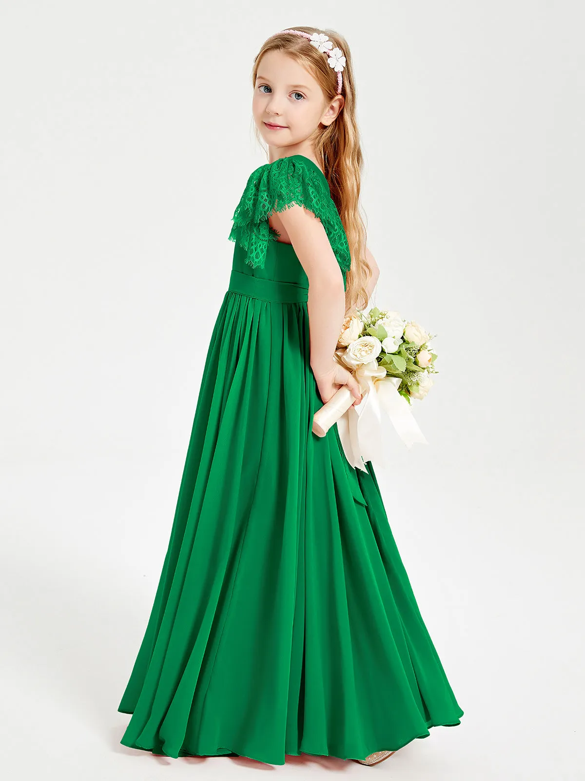 Chiffon Junior Bridesmaid Dresses Lace Flutter Sleeves Scoop Neck Emerald