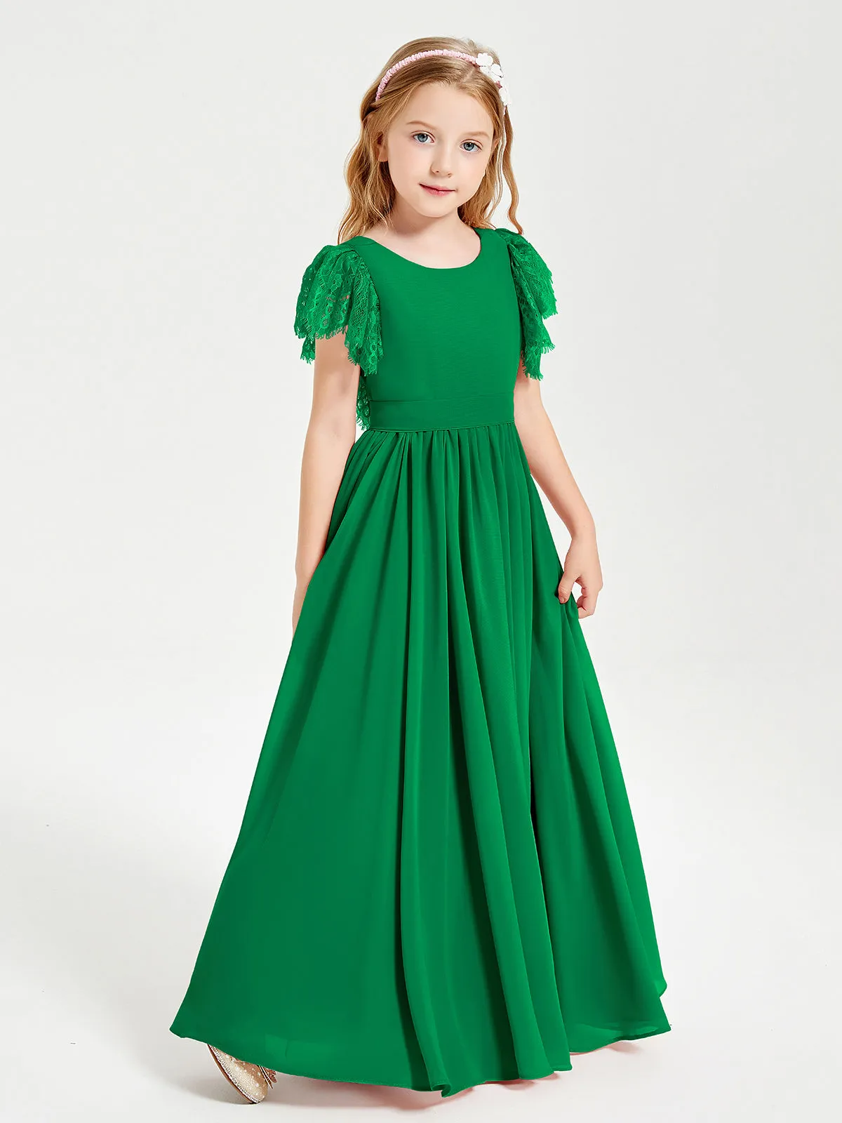 Chiffon Junior Bridesmaid Dresses Lace Flutter Sleeves Scoop Neck Emerald