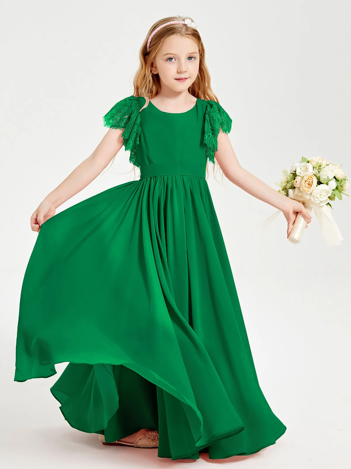 Chiffon Junior Bridesmaid Dresses Lace Flutter Sleeves Scoop Neck Emerald