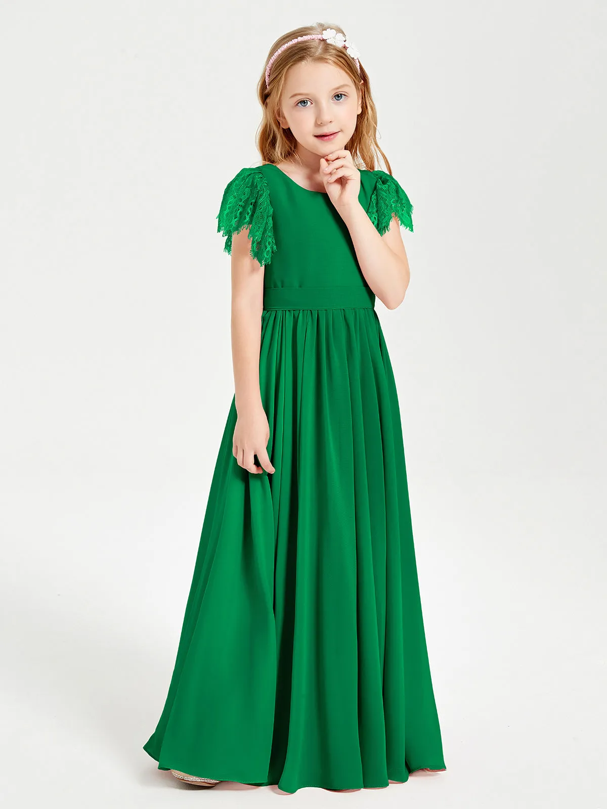 Chiffon Junior Bridesmaid Dresses Lace Flutter Sleeves Scoop Neck Emerald