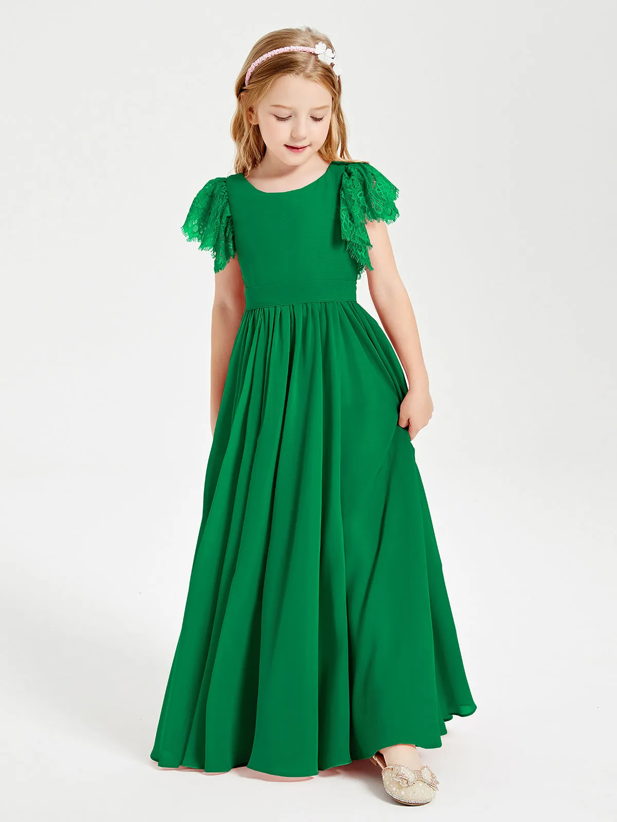 Chiffon Junior Bridesmaid Dresses Lace Flutter Sleeves Scoop Neck Emerald